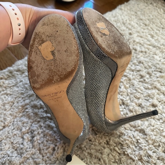 Jimmy Choo Luna 100 Glitter Fabric Platform Peep-Toe Pump, Size 39 - Picture 10 of 11